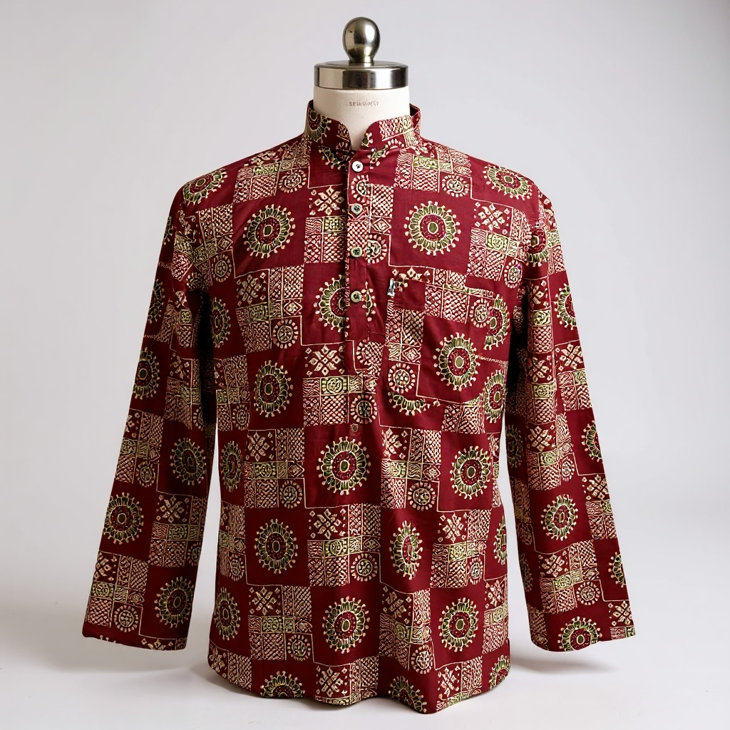 Maroon Mandala Box Printed Full Sleeves Short Kurta for Men