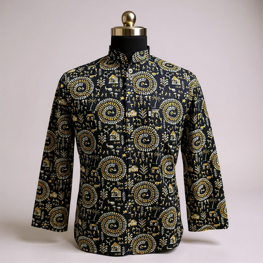 Black Tribal Mandala Printed Full Sleeves Short Kurta for Men