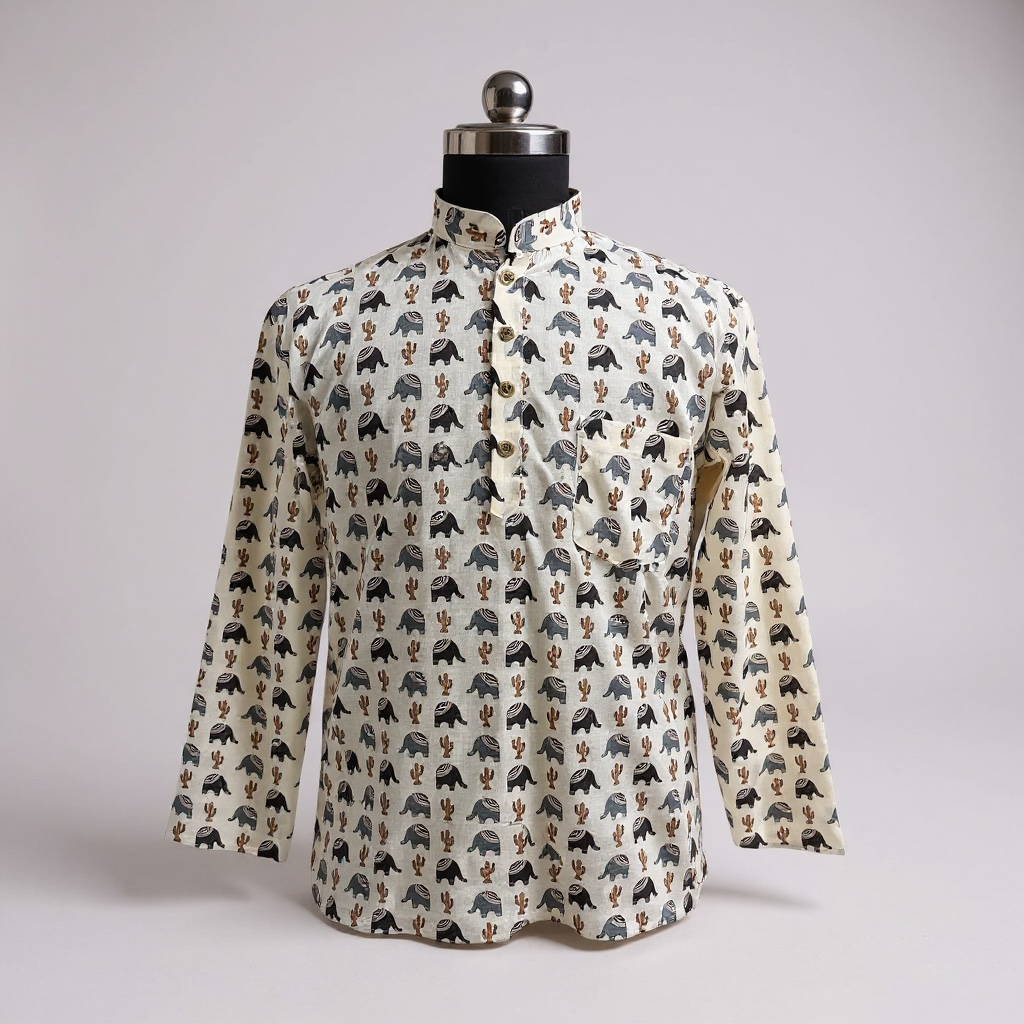 Ivory Blue Cactus & Elephant Printed Full Sleeves Short Kurta for Men