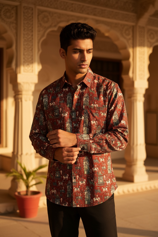 Rust Palace Parade Printed Full Sleeves Cotton Shirt for Men