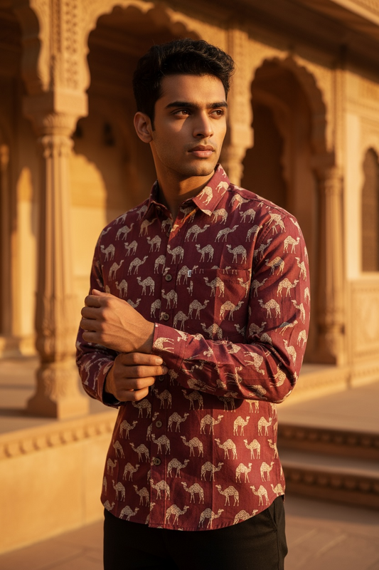 Maroon Camel Caravan Printed Full Sleeves Cotton Shirt for Men