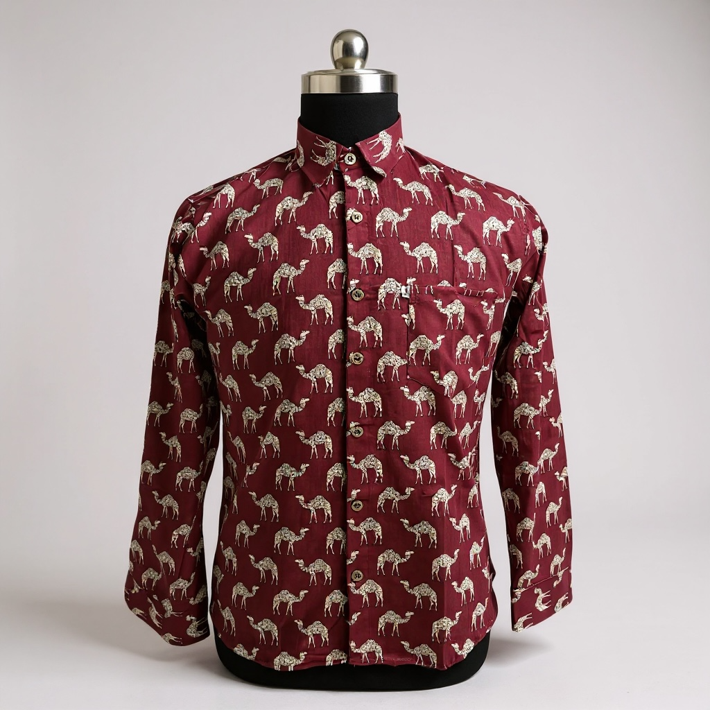 Maroon Camel Caravan Printed Full Sleeves Cotton Shirt for Men