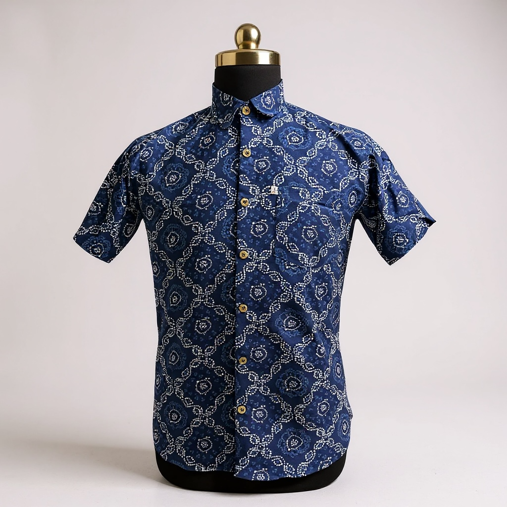 Indigo Bandhej Jaal Printed Men’s Half Sleeves Cotton Shirt