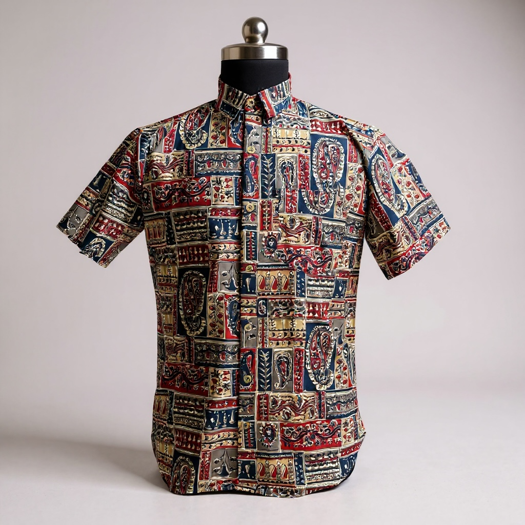 Multicolour Patchwork Motif Printed Men’s Half Sleeves Cotton Shirt