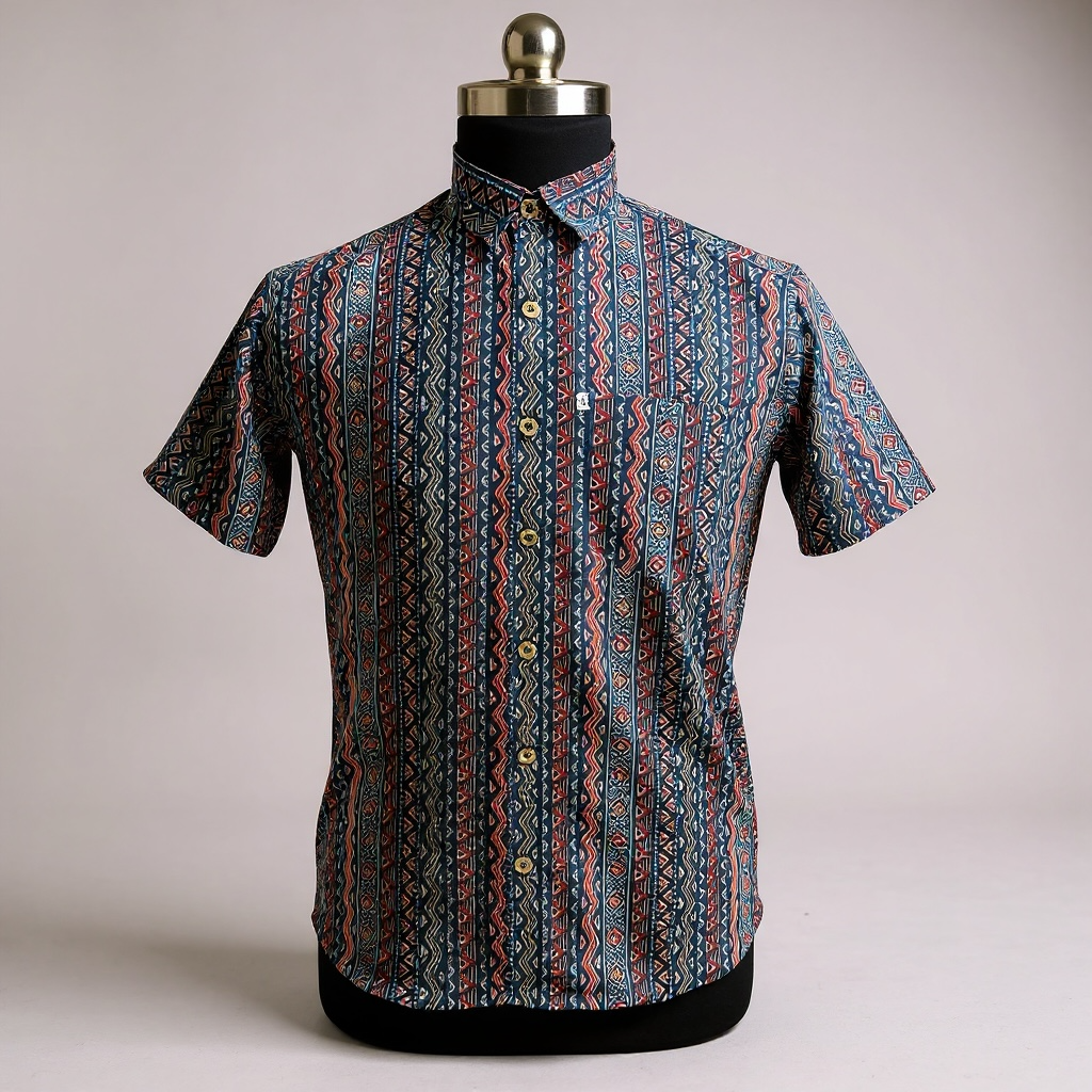 Indigo Tribal Stripe Printed Men’s Half Sleeves Cotton Shirt