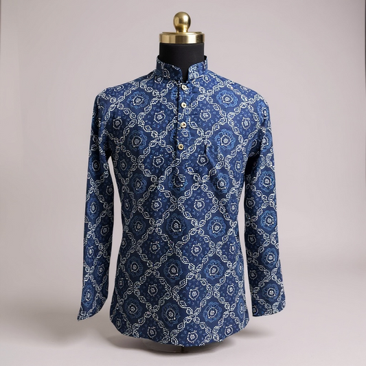 Indigo Bandhej Jaal Printed Full Sleeves short Kurta for Men