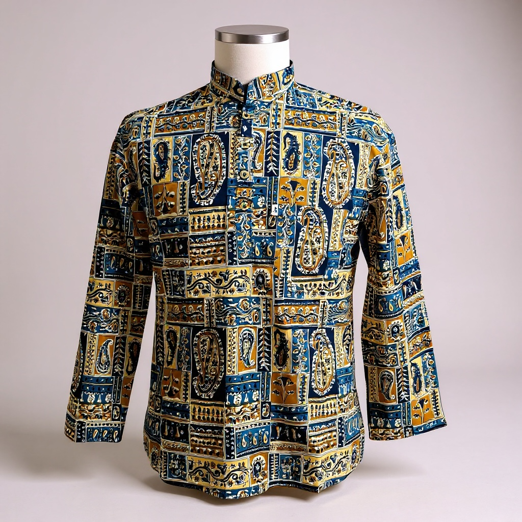 Indigo Mughal Patch Printed Full Sleeves Short Kurta for Men