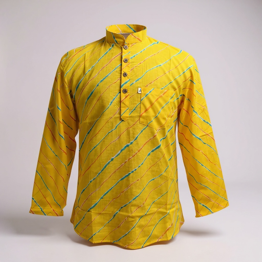 Yellow Leheriya Stripe Printed Full Sleeves Short Kurta for Men
