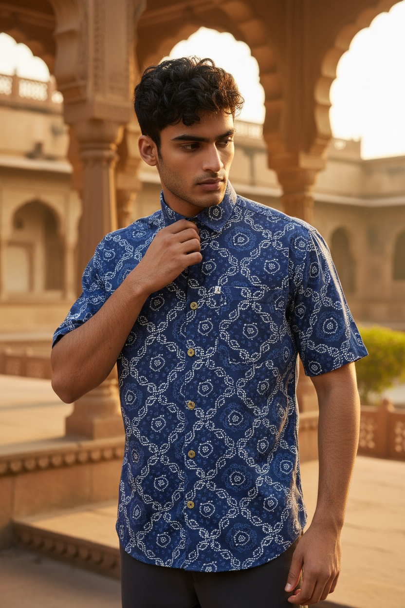 Indigo Bandhej Jaal Printed Men’s Half Sleeves Cotton Shirt