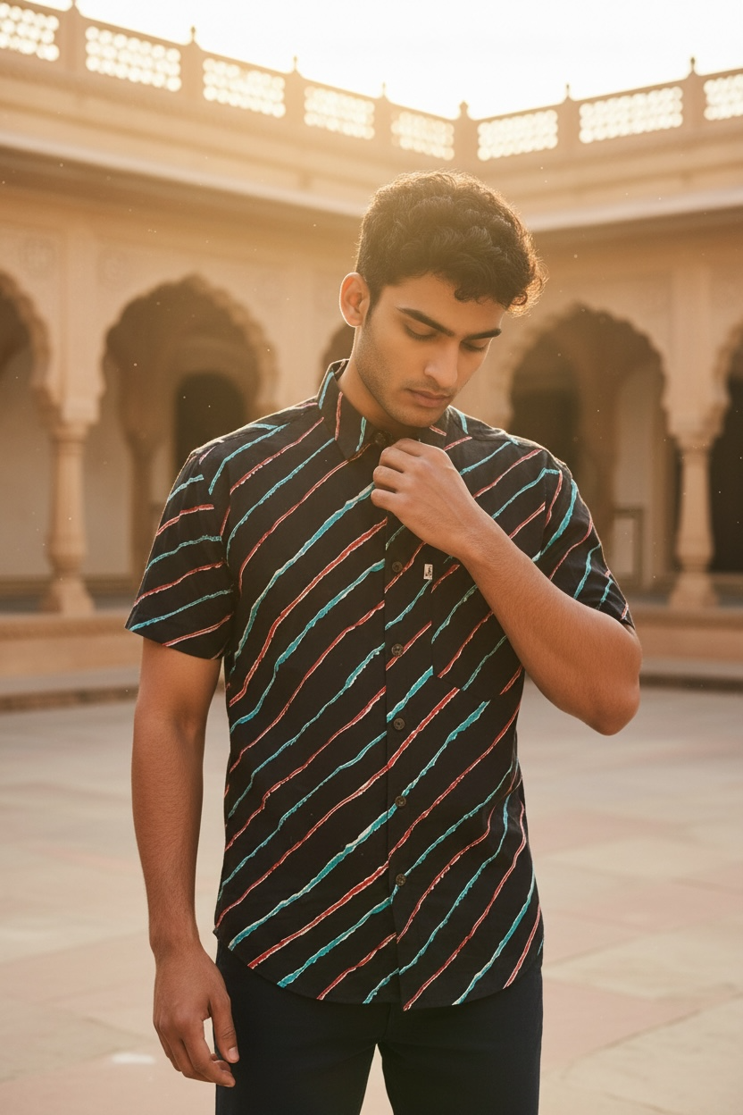 Black Leheriya Stripe Printed Men’s Half Sleeves Cotton Shirt