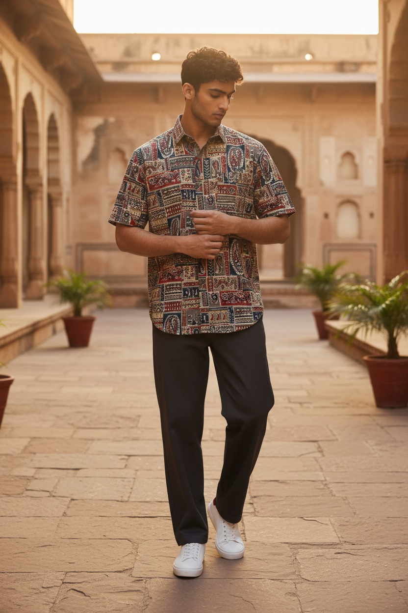 Multicolour Patchwork Motif Printed Men’s Half Sleeves Cotton Shirt