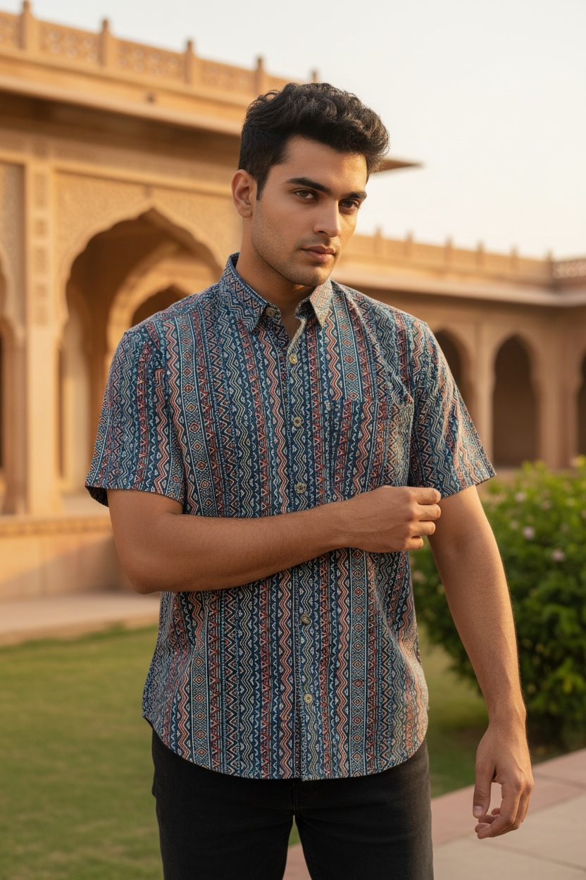 Indigo Tribal Stripe Printed Men’s Half Sleeves Cotton Shirt