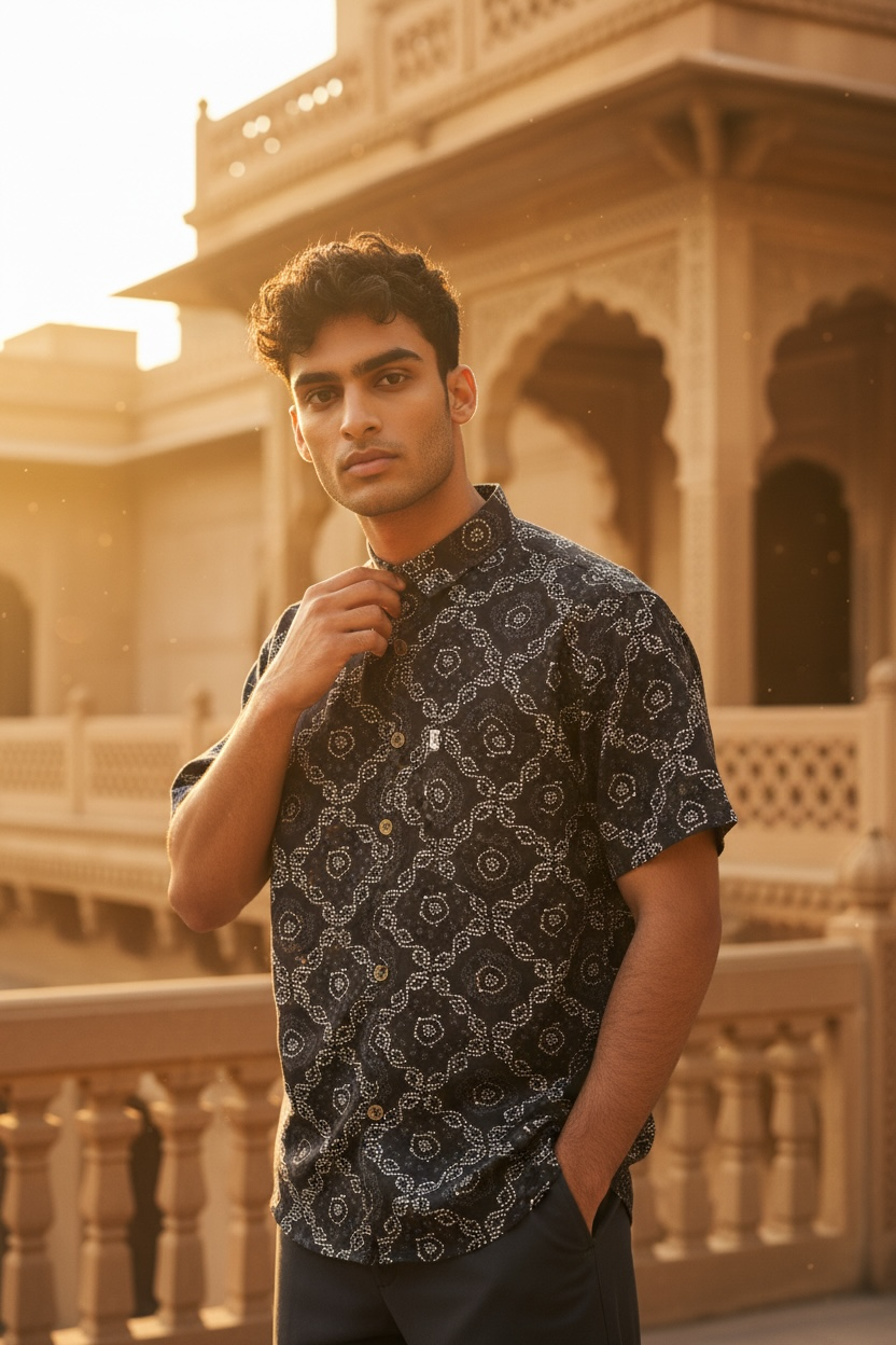 Black Bandhej Jaal Printed Men’s Half Sleeves Cotton Shirt