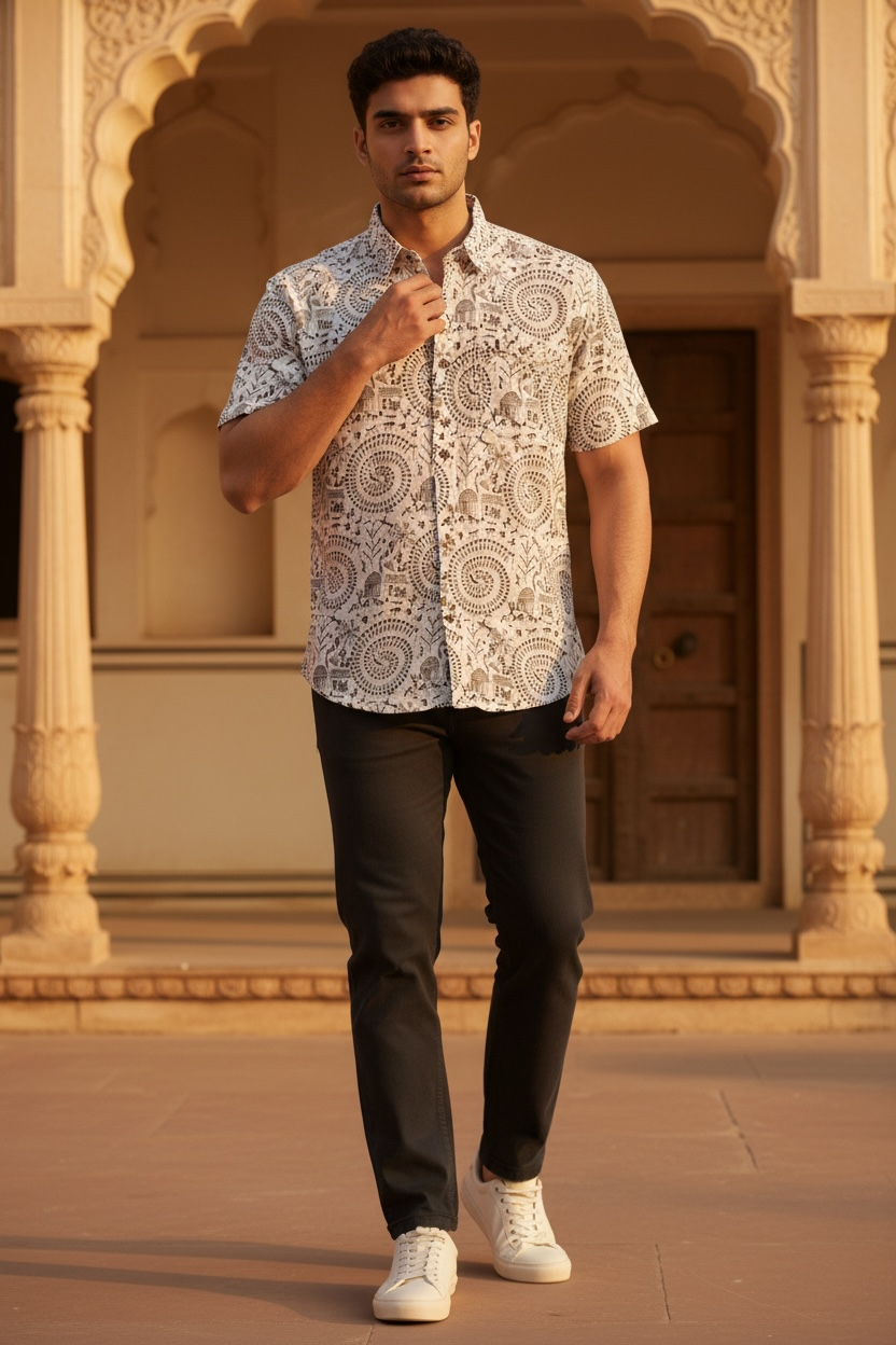 Ivory Spiral Motif Printed Men’s Half Sleeves Cotton Shirt