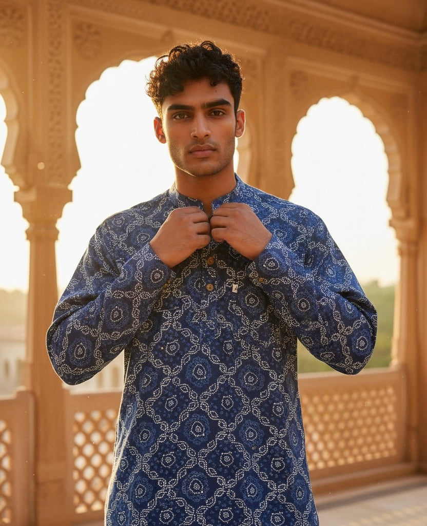 Indigo Bandhej Jaal Printed Full Sleeves short Kurta for Men
