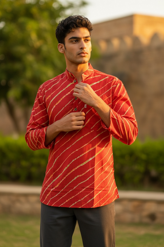 Red Leheriya Stripe Printed Full Sleeves short Kurta for Men