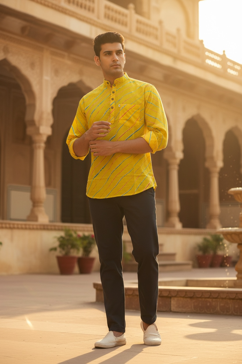 Yellow Leheriya Stripe Printed Full Sleeves Short Kurta for Men