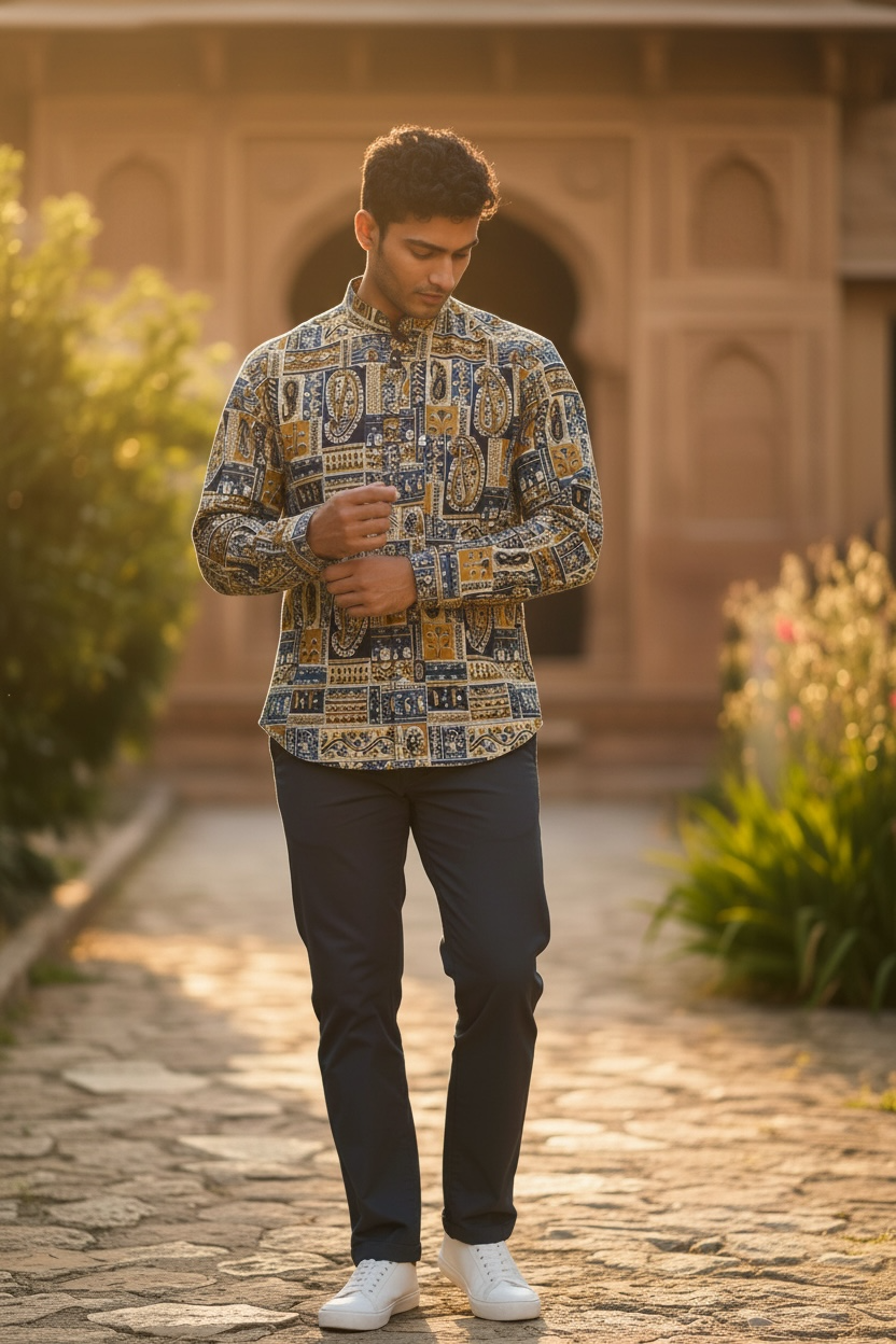 Indigo Mughal Patch Printed Full Sleeves Short Kurta for Men