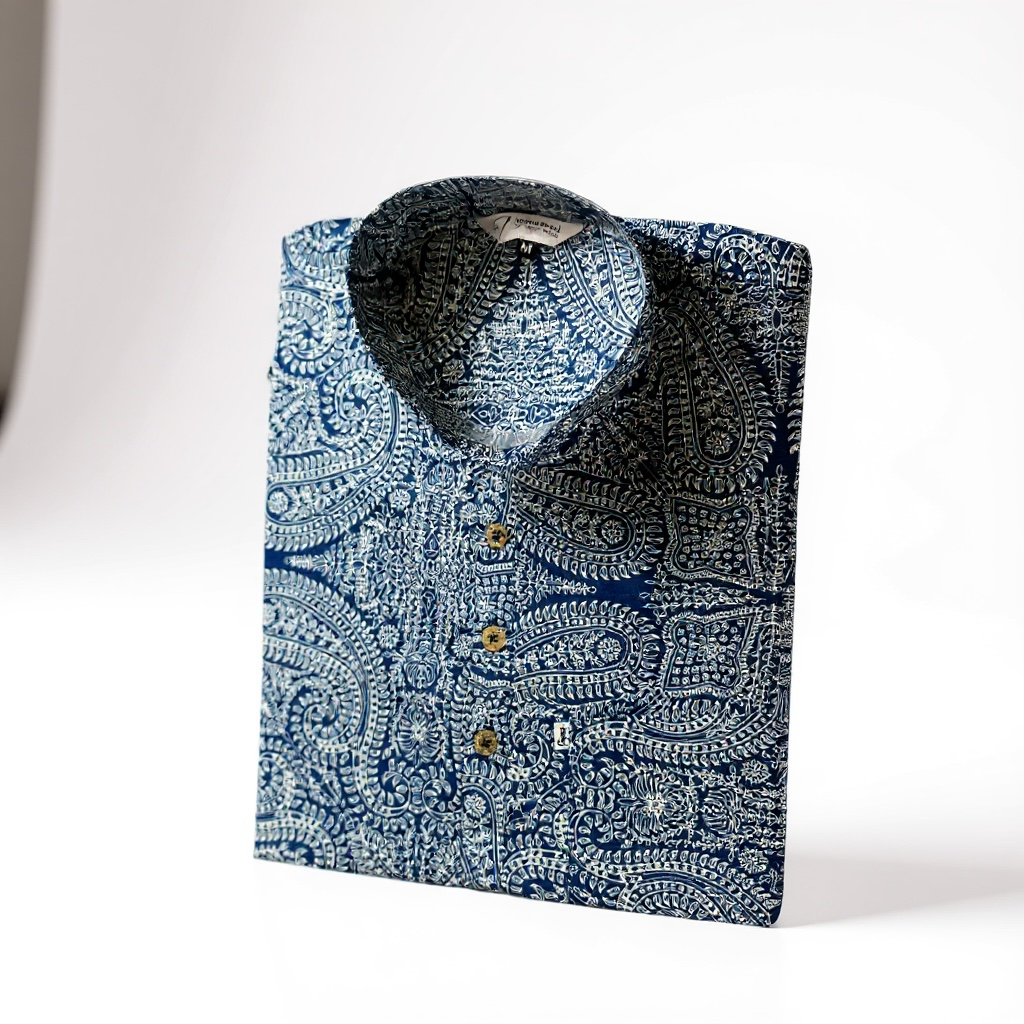 Steel Blue Paisley Printed Full Sleeves Short Kurta for Men