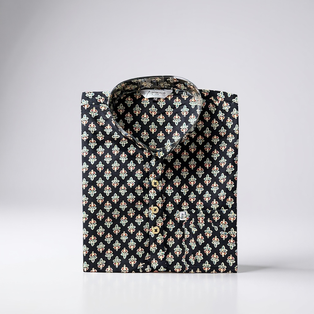 Black Mughal Booti Printed Full Sleeves Short Kurta for Men