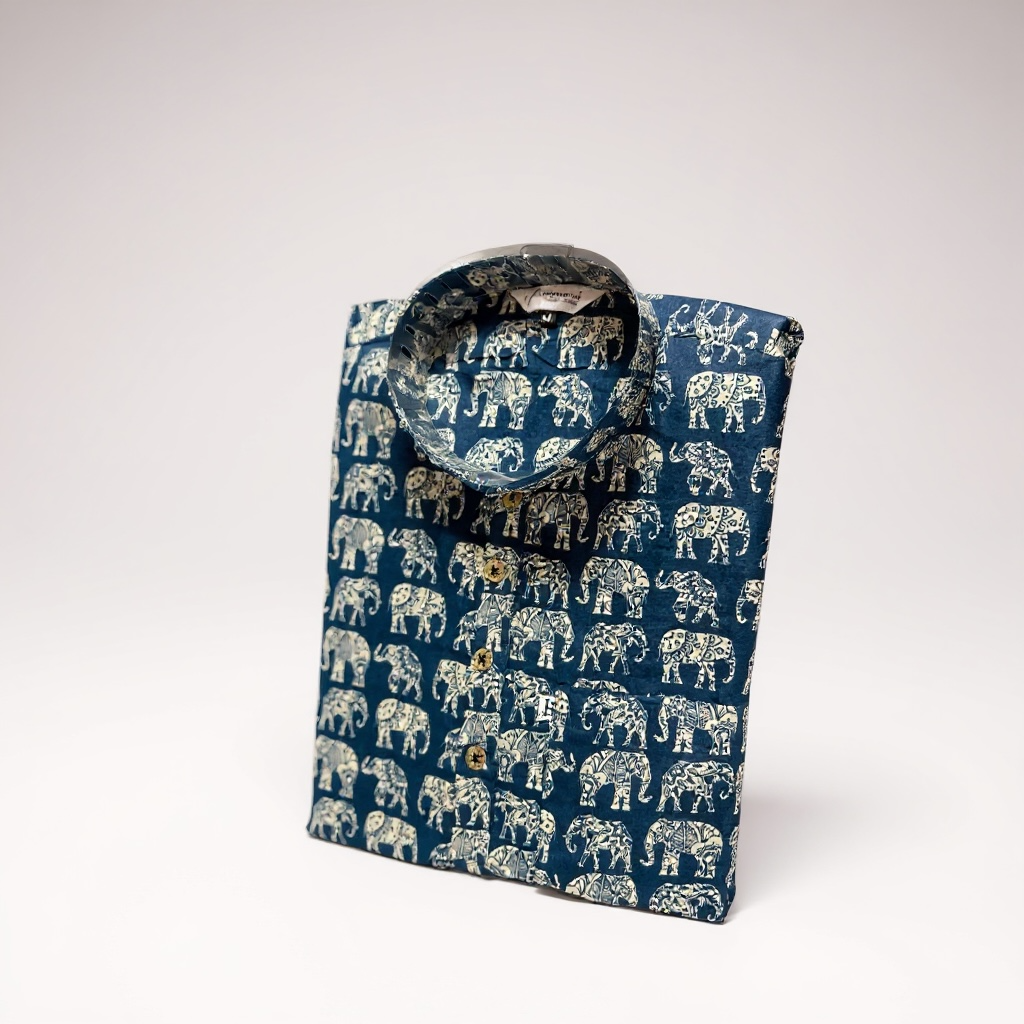 Navy Blue Elephant Printed Full Sleeves Short Kurta for Men