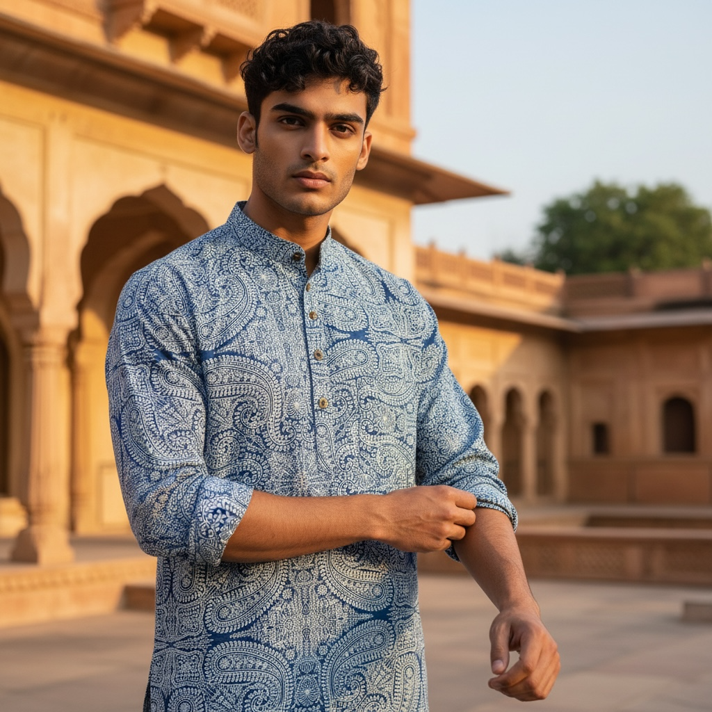 Steel Blue Paisley Printed Full Sleeves Short Kurta for Men