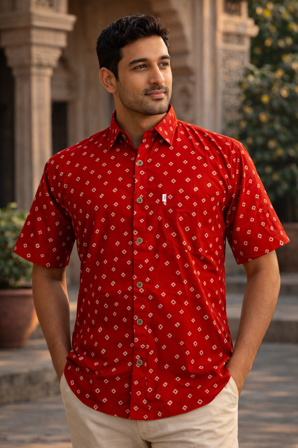 Red Bandhej Dot Printed Half Sleeves Cotton Shirt for Men