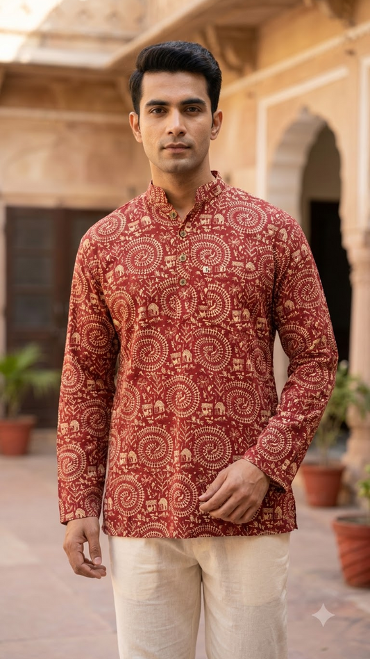 Maroon Warli Print Men’s Full Sleeve Short Kurta