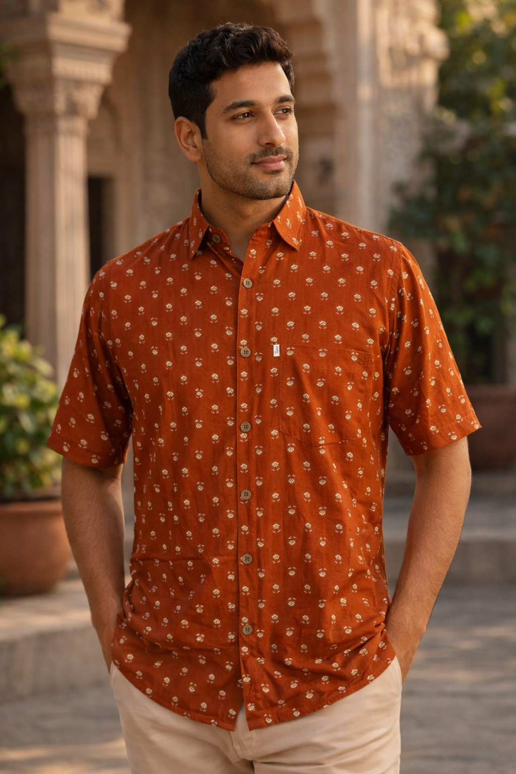 Rust Booti Printed Half Sleeves Cotton Shirt for Men