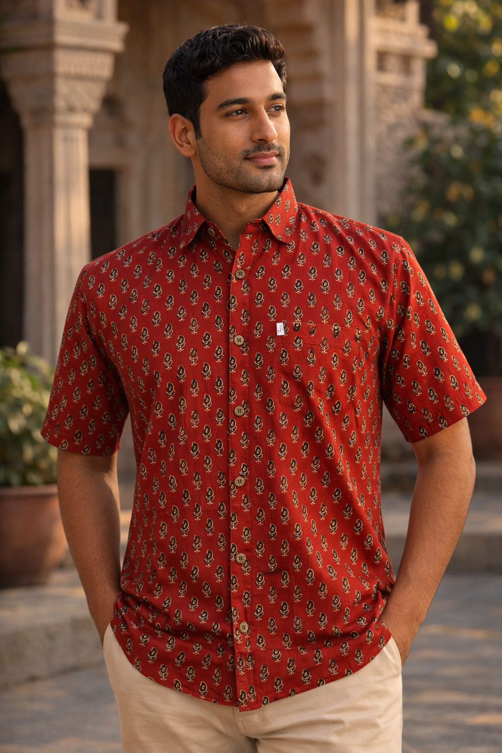 Rust Paisley Booti Printed Half Sleeves Cotton Shirt for Men