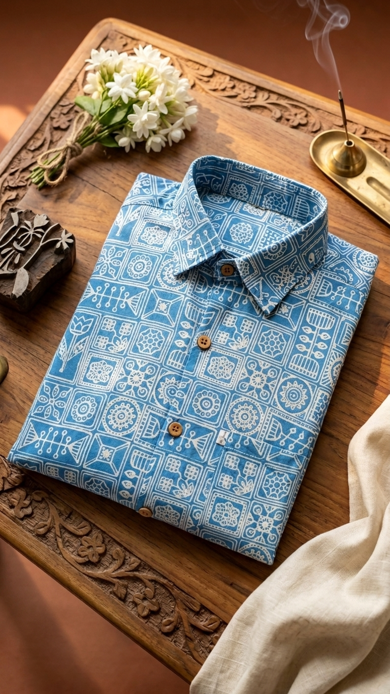 Sky Blue Heritage Block Print Mens Half Sleeves Cotton Shirt