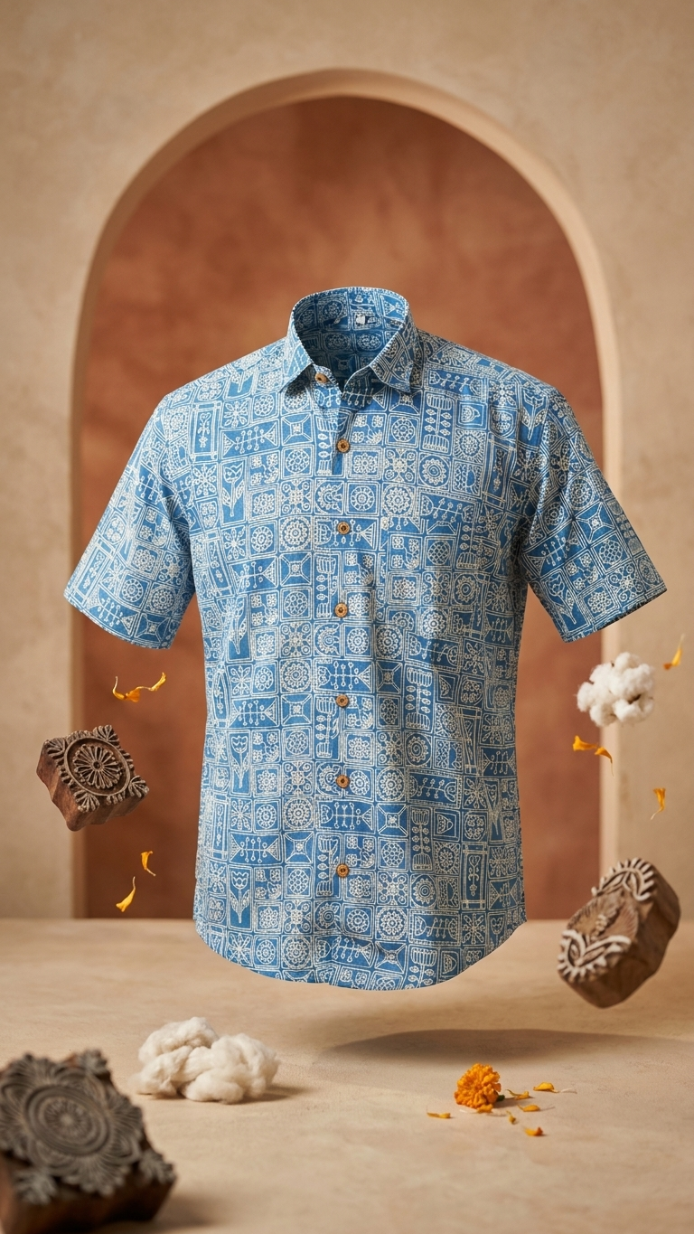 Sky Blue Heritage Block Print Mens Half Sleeves Cotton Shirt