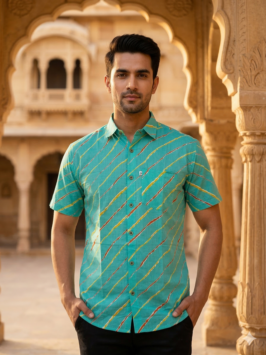 Sky Blue Leheriya Print Half Sleeve Cotton Shirt for Men
