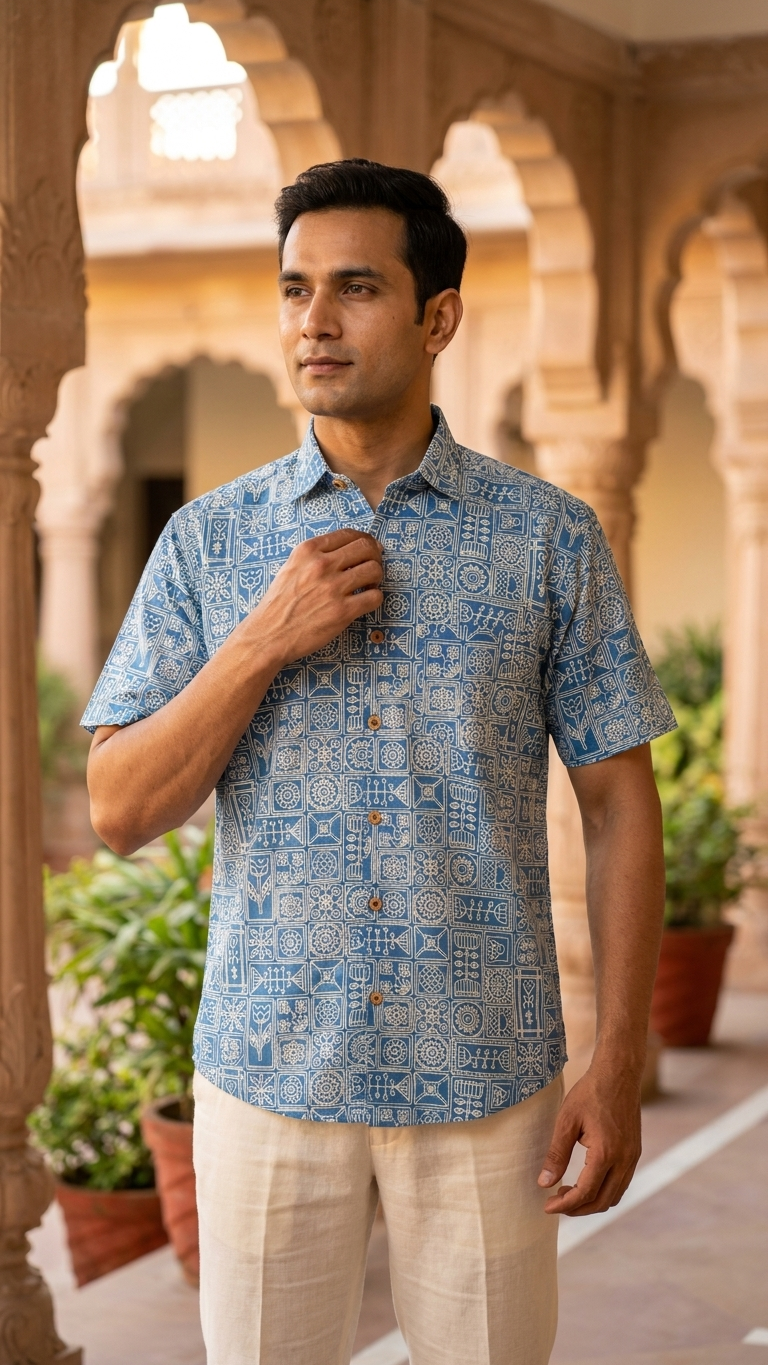 Sky Blue Heritage Block Print Mens Half Sleeves Cotton Shirt