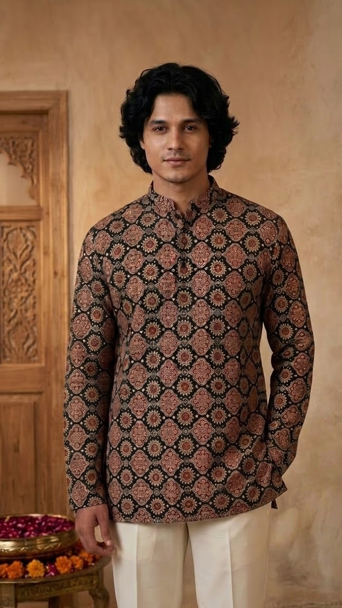 Black Ajrak Motif Printed Full Sleeves Short Kurta for Men