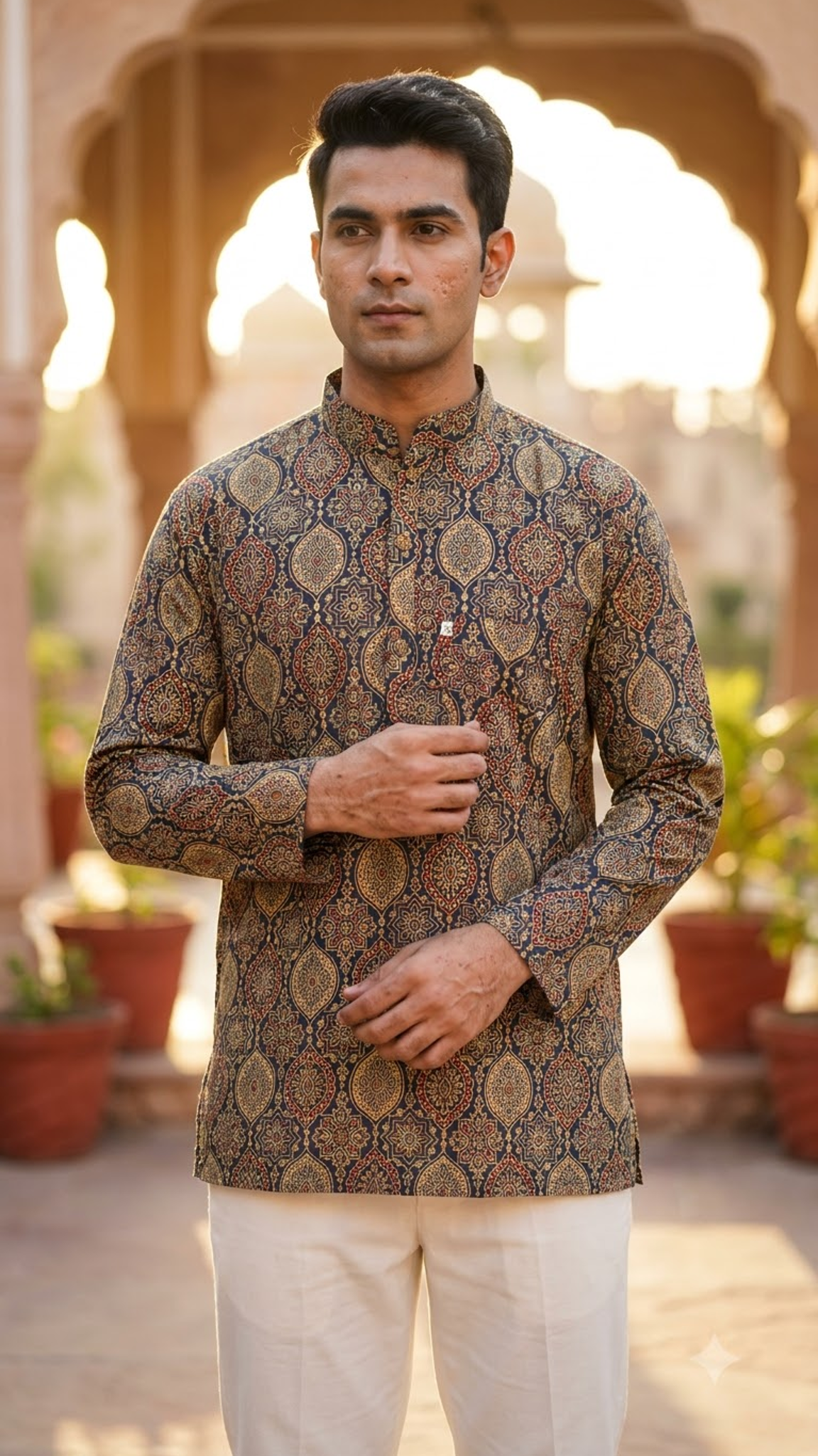 New Blue Medallion Printed Full Sleeves Short Kurta for Men