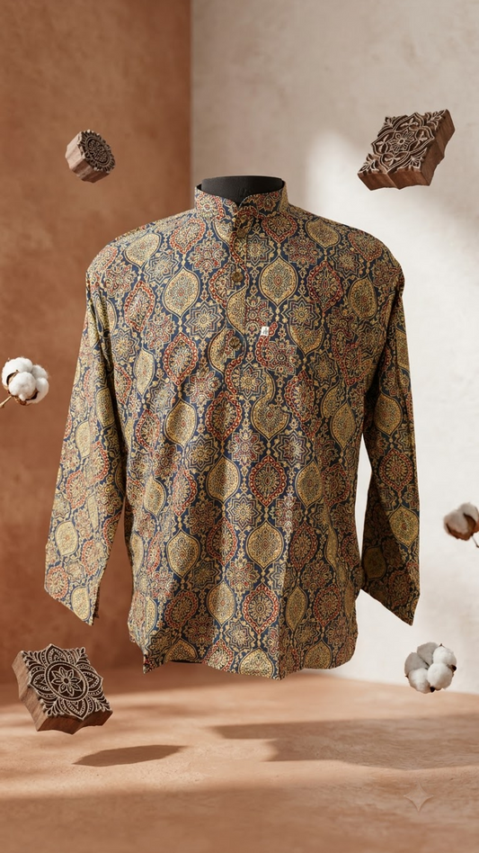 New Blue Medallion Printed Full Sleeves Short Kurta for Men