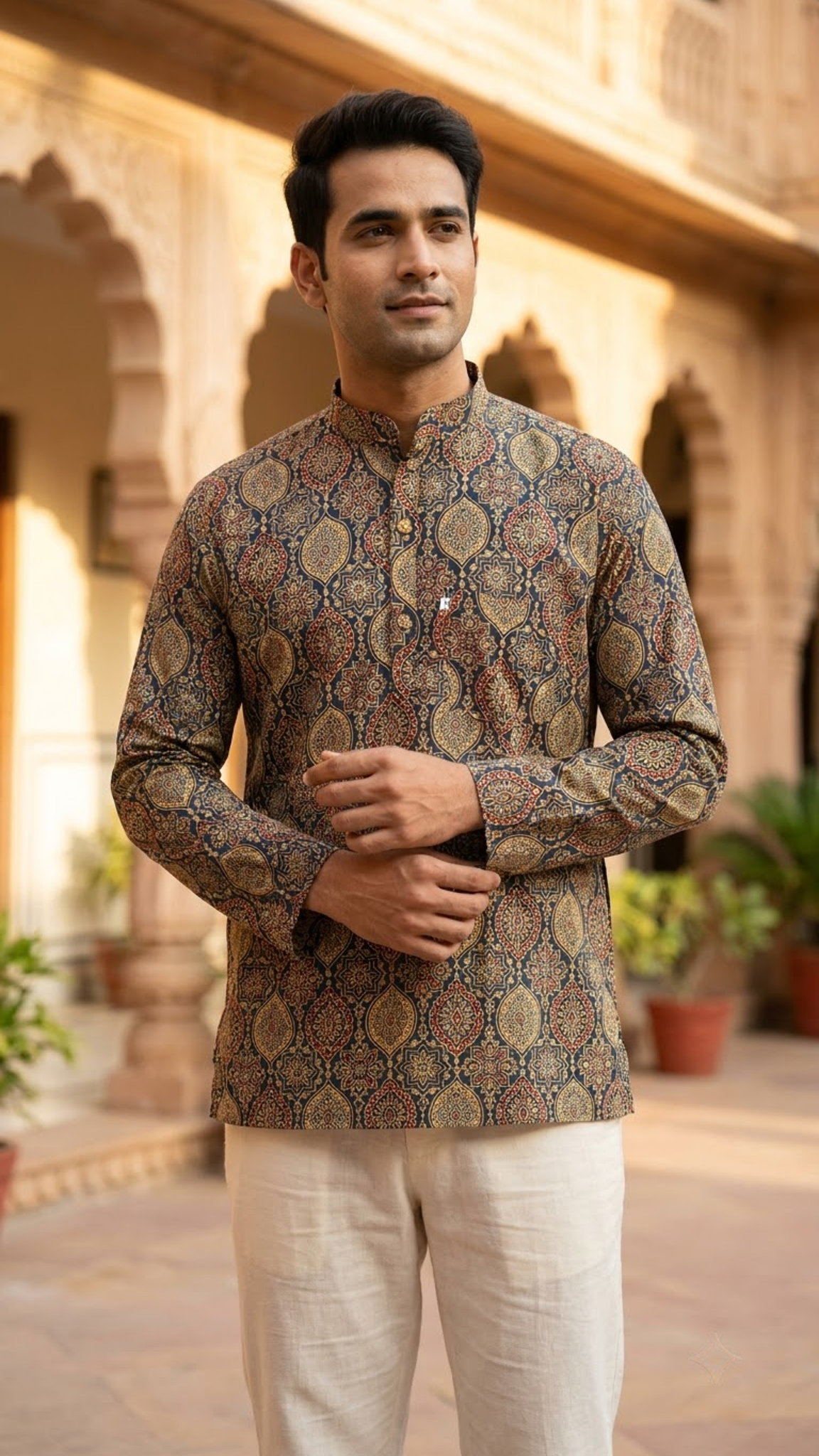 New Blue Medallion Printed Full Sleeves Short Kurta for Men