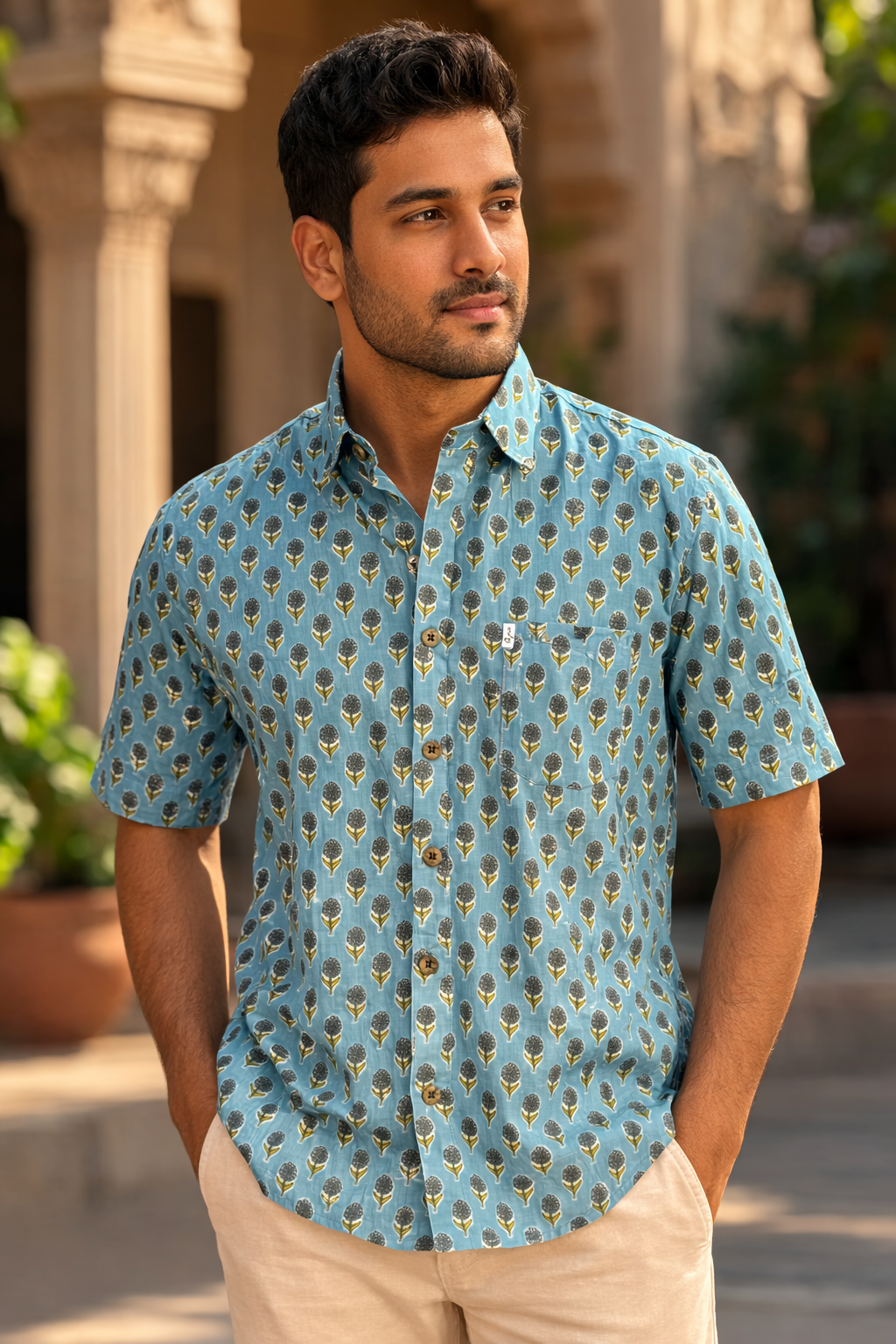 Sky Blue Booti Printed Half Sleeves Cotton Shirt for Men