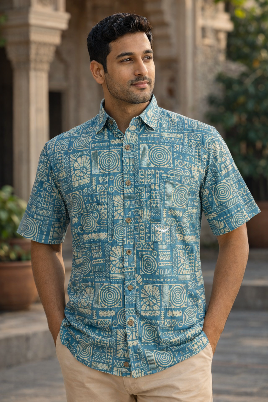Sky Blue Maze Printed Half Sleeves Cotton Shirt for Men