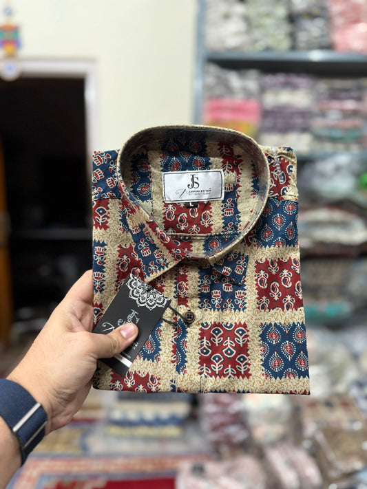 Multicolor Square Patch Printed Plus Size Half Sleeves Cotton Shirt For Men