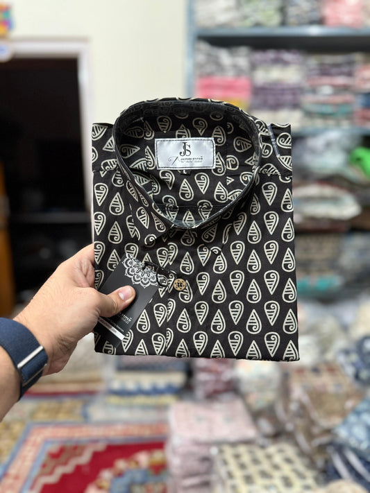 Black Drop Booti Printed Plus Size Half Sleeves Cotton Shirt For Men