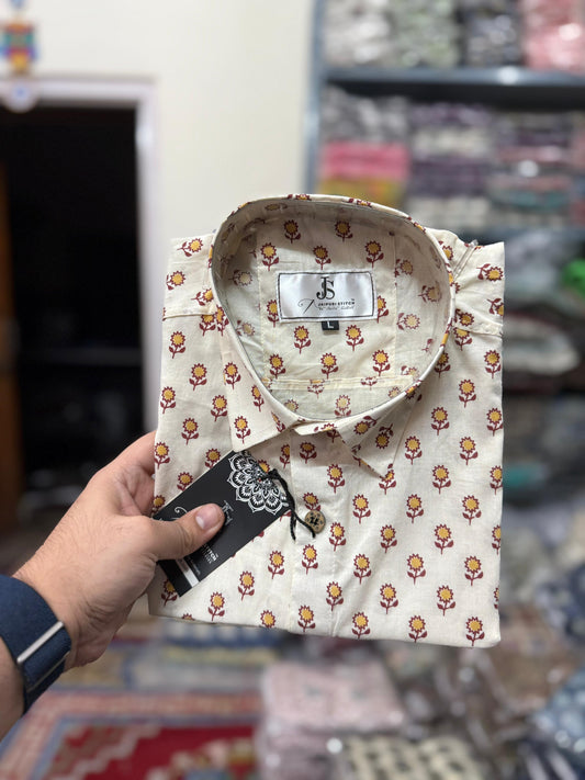 Sunflower Booti Printed Plus Size Half Sleeves Cotton Shirt For Men
