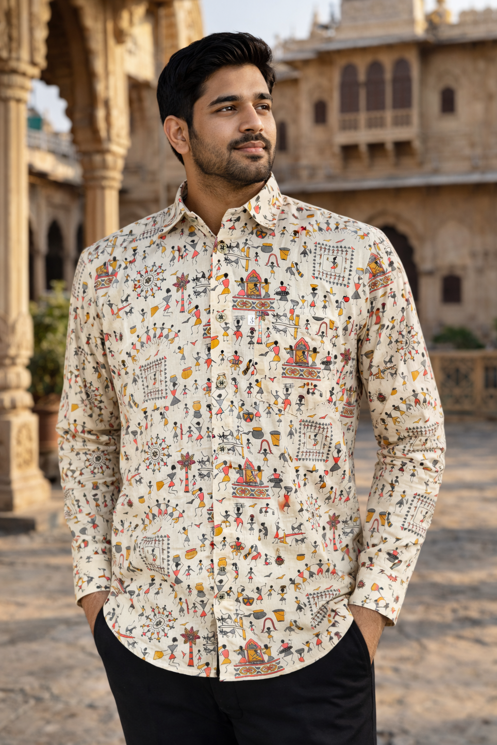 Beige Rajasthani Folk Art Printed Full Sleeves Cotton Shirt