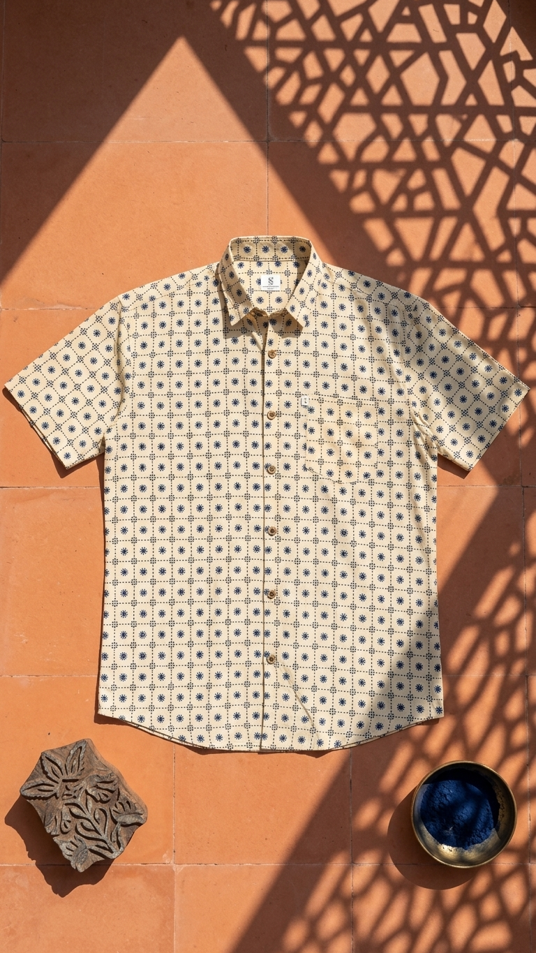 Beige Blue Floral Block Printed Men's Half Sleeves Cotton Shirt