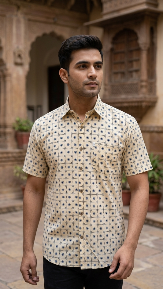 Beige Blue Floral Block Printed Men's Half Sleeves Cotton Shirt