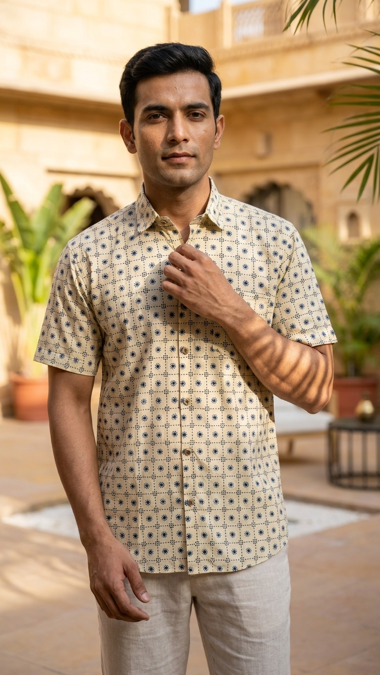 Beige Blue Floral Block Printed Men's Half Sleeves Cotton Shirt