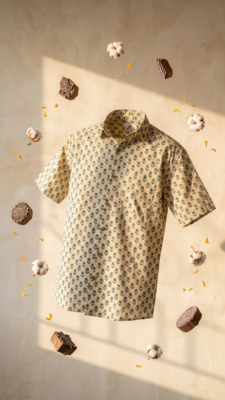 Beige Leaf Booti Printed Men's Plus Size Cotton Shirt