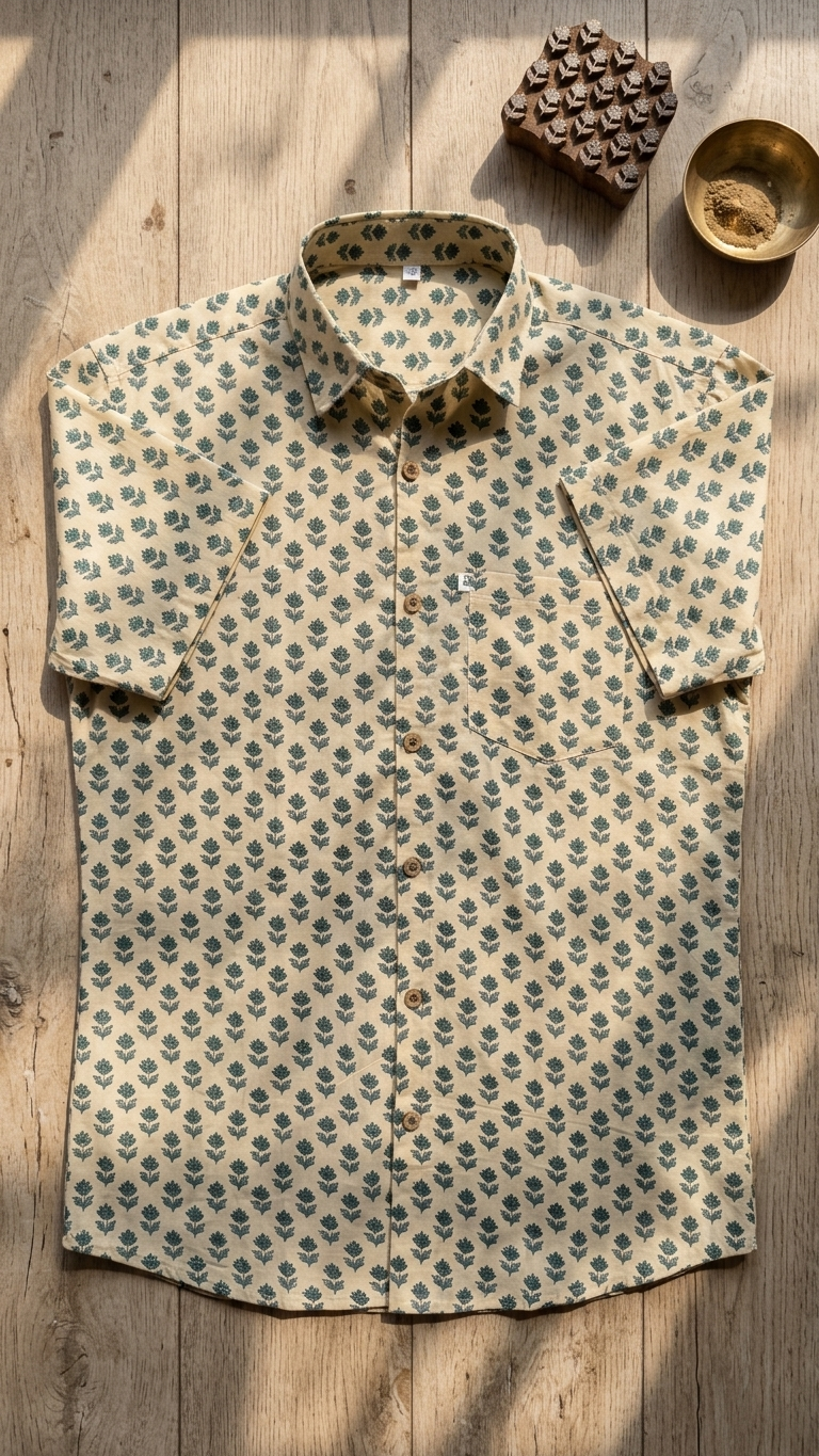 Beige Leaf Booti Printed Men's Plus Size Cotton Shirt