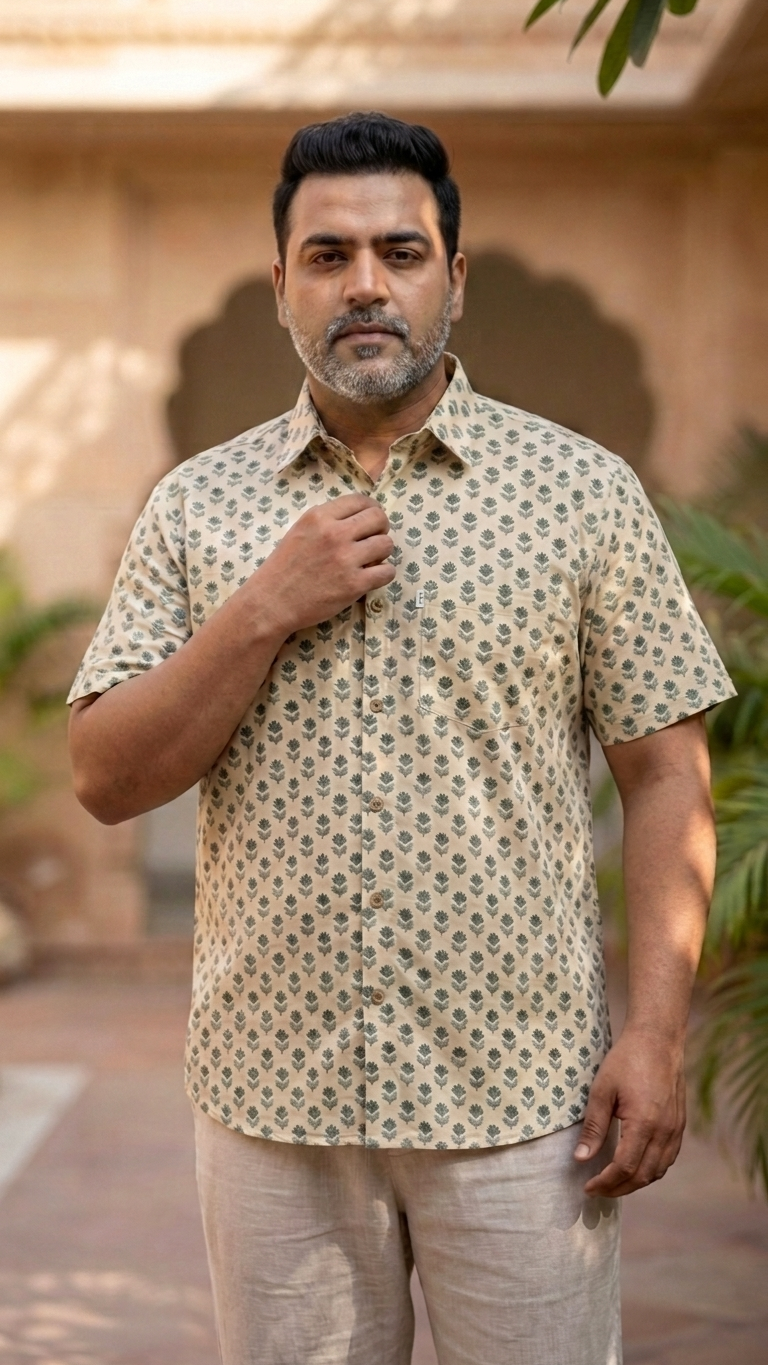 Beige Leaf Booti Printed Men's Plus Size Cotton Shirt